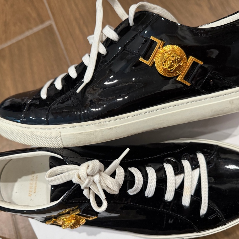 Versace Black Patent Leather Sneakers with Gold Medusa Hardware authentic